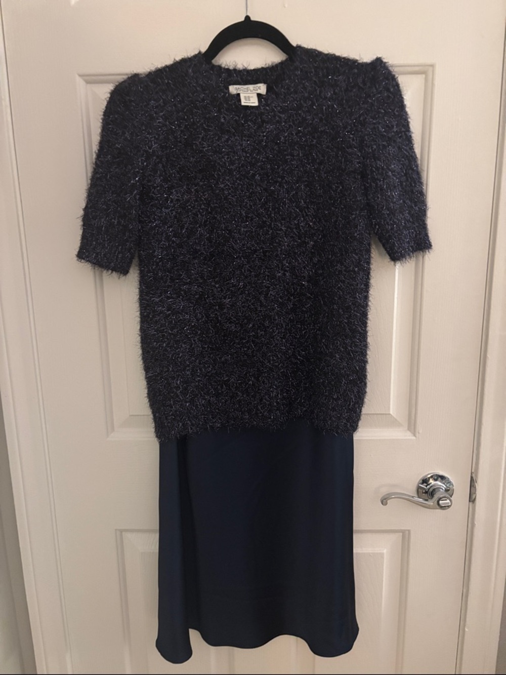 Sparkly Navy Eyelash Knit Top - Short Sleeve and satin skirt skirt suit